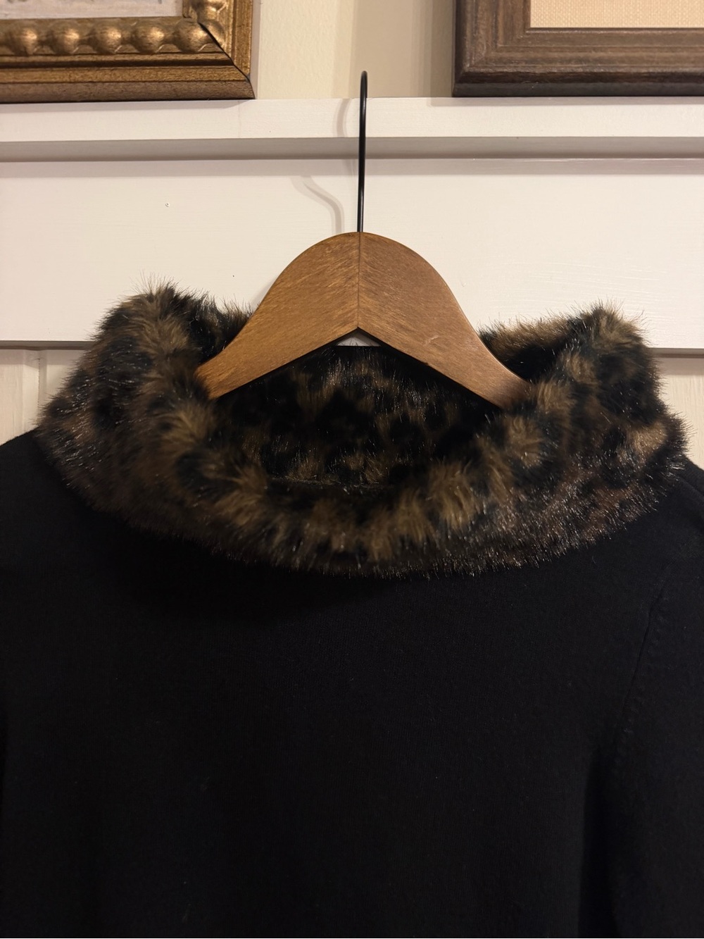 Vintage INC Black Sweater with Leopard Faux-Fur Trim, Size Small - Picture 2 of 6